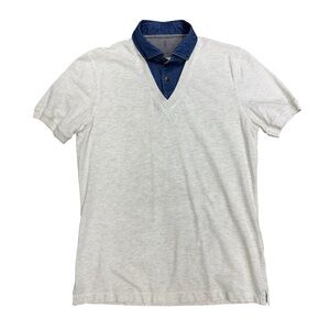 Brunello Cucinelli Grey Heather V-Neck with Denim Collar Insert - Size M